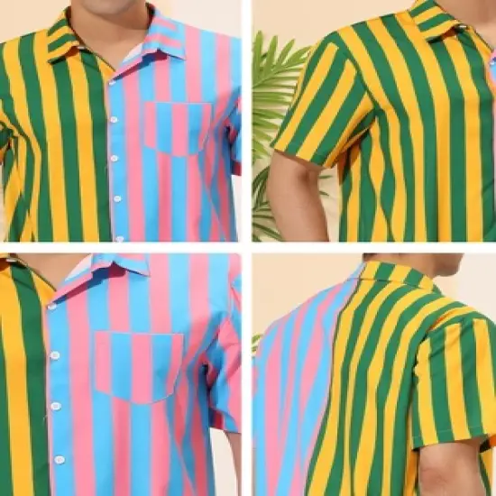 Lars Amadeus Men's Summer Button Down Contrast Color Vertical Stripes Patchwork Shirts image {5}