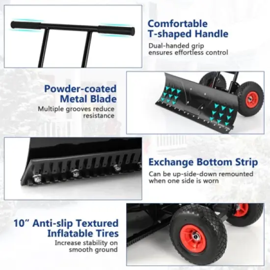 Costway 36" Snow Shovel Pusher with 10" Inflatable Wheels Adjustable Handle & Head Black image {8}