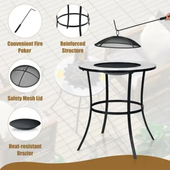 Costway 23.5'' Round Fire Pit Table Wood Burning Heater W/ Mesh Cover & Fire Poker image {8}