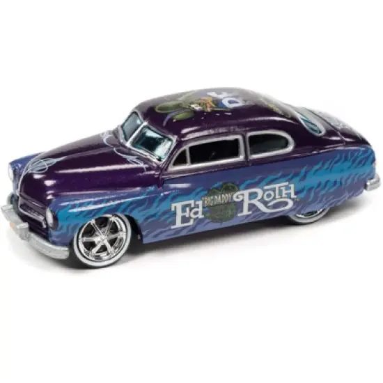 1949 Mercury Coupe Custom Purple Metallic with Graphics "Rat Fink" "Pop Culture" 1/64 Diecast Model Car by Johnny Lightning image {1}