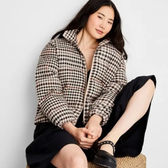 Women's Zip-Up Checkered Puffer Coat - Future Collective&trade; with Reese Blutstein Brown image {2}