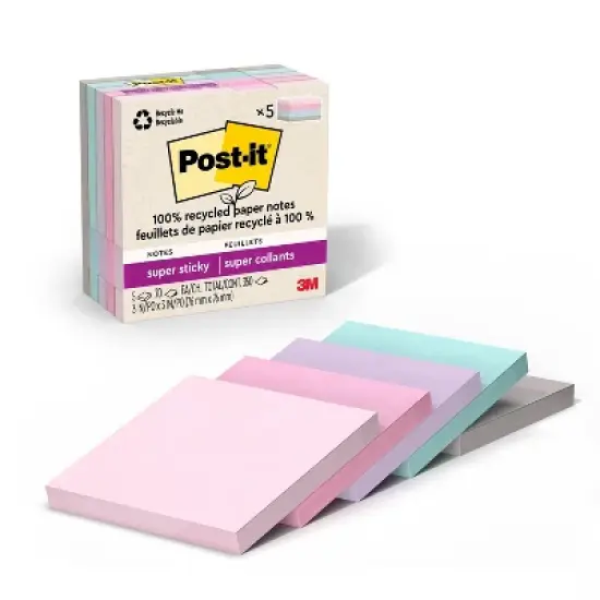 Post-it&reg; 100% Recycled Paper Super Sticky Notes, 3 in. x 3 in., Wanderlust Pastels, 5 Pads/Pack, 70 Sheets/Pad: Multicolored Stationery, Uncoated image {22}