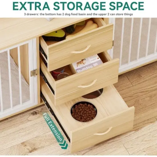 QuestaPack 74" Double Dog Crate Furniture with 2 Feeder Bowls image {3}