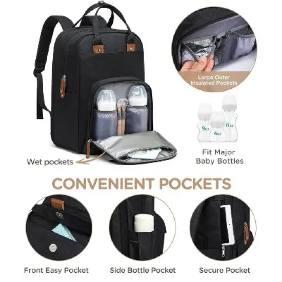 Itopfox Expandable Diaper Backpack for Twins, Dual Compartments, Includes Changing Pad & Stroller Straps, Unisex Black, 26-36L image {5}