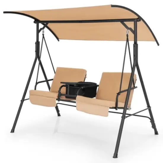 Costway 2-Person Canopy Porch Swing Padded Chair Cooler Bag Rotatable Tray Turquoise\Beige\Black image {2}
