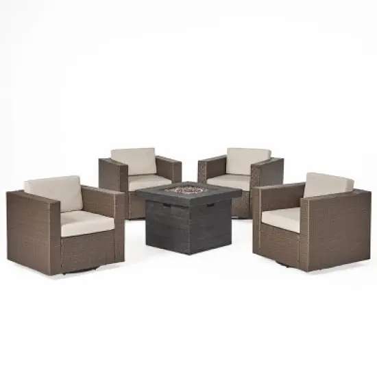 GDFStudio Venice Outdoor Wicker 5 Piece Swivel Club Chair and Fire Pit Set with Cushions image {12}