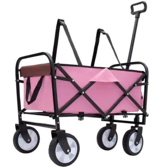 DSVIMOY Collapsible Foldable Wagon Cart with Strapping, Wagon Grocery Cart for Camping Shopping Sports, Pink, 25.98"*17.32"*37.4" image {4}