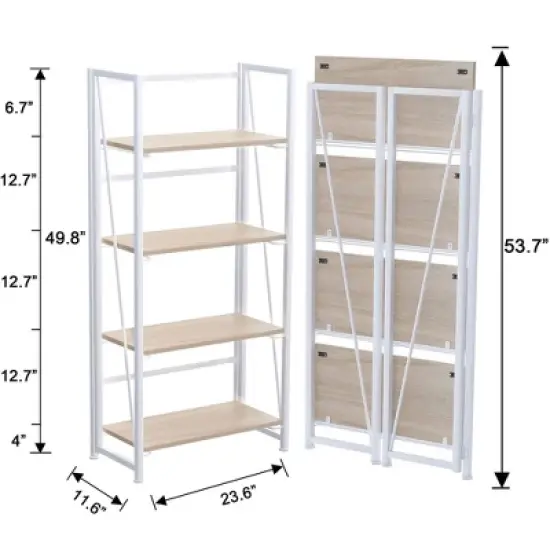 GHQME Space Saving Vintage Style 4 Tiered Folding Storage Bookcase with Durable Particleboard Shelves and Wide Metal Cross Bar Frame, White image {3}
