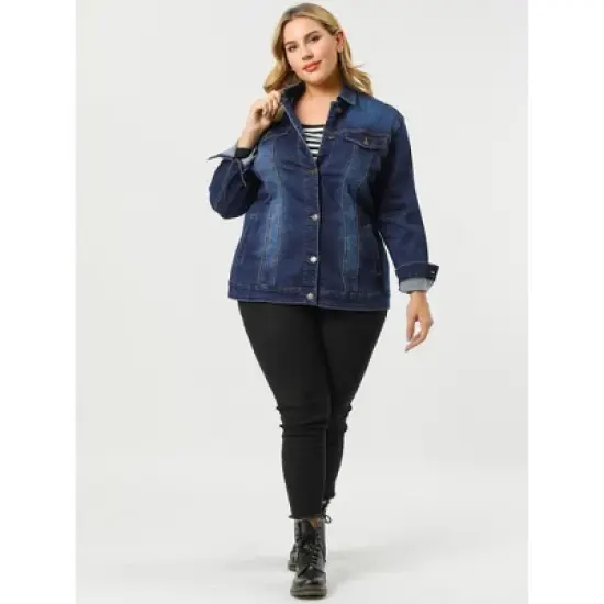 Agnes Orinda Women's Plus Size Outerwear Button Front Washed Denim Jean Jacket image {2}