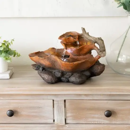 9" Resin Indoor Tabletop Tiered Leaf Fountain with LED Lights Brown - Alpine Corporation image {1}