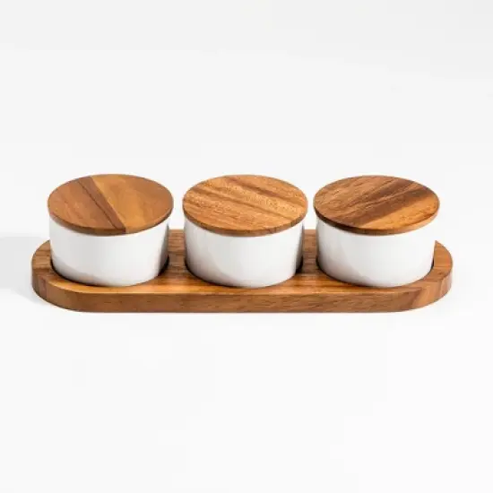 Kalmar Home Ceramic Condiment Set on Acacia Wood Base image {5}