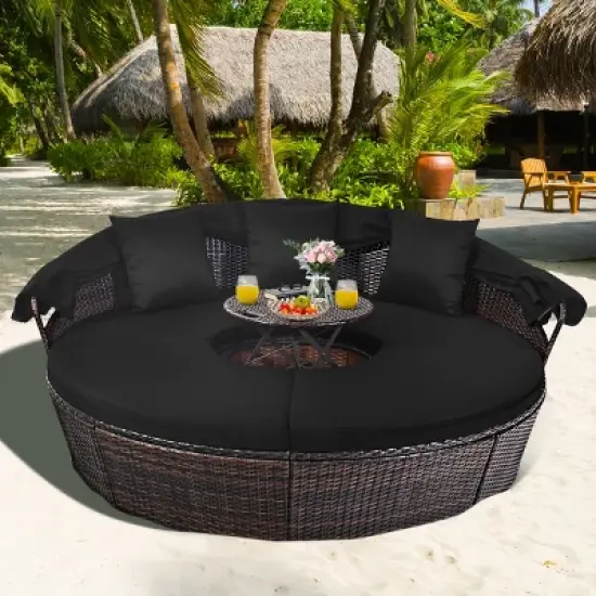 Costway Patio Rattan Daybed Cushioned Sofa Adjustable Table Top Canopy Black image {4}