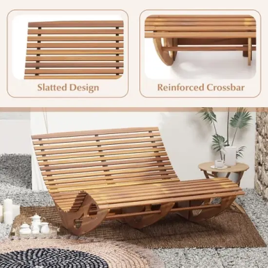 Tangkula 2PCS Outdoor Double Chaise Lounge Chair Acacia Wood Rocking Sunbed with Slatted Backrest and Seat Wooden Loveseat Rocker image {5}