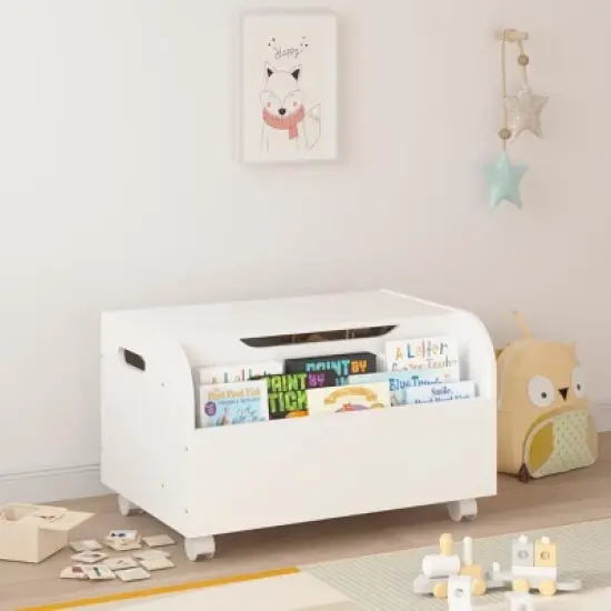 KTMBDW Wooden Toy Box, Kids Toy Storage Organizer with Front Bookshelf, Safety Hinge, Boys Girls Toy Chest Bench for Playroom Kids Room, White image {7}