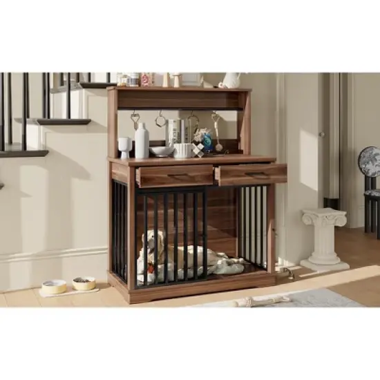 38in Dog Crate Furniture, Heavy Duty Dog Cage Table with 2 Storage Drawers and Shelves, Side End Table with Sliding Door for Dogs Indoor, Brown image {9}