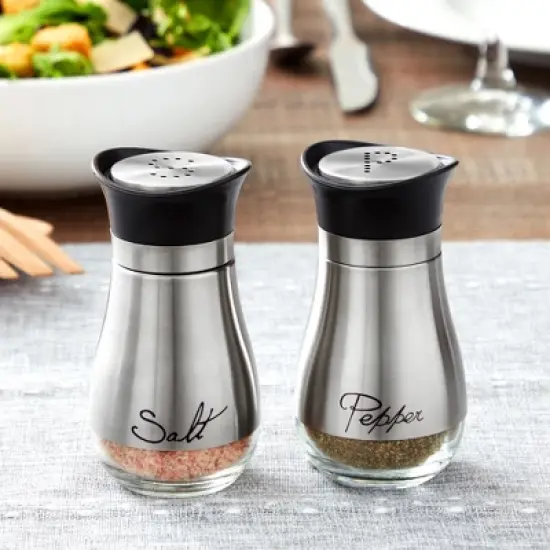 Juvale Stainless Steel Salt and Pepper Shakers Set with Glass Bottom, Perforated "S" and "P" Caps - Modern Kitchen Decor (4oz) image {1}
