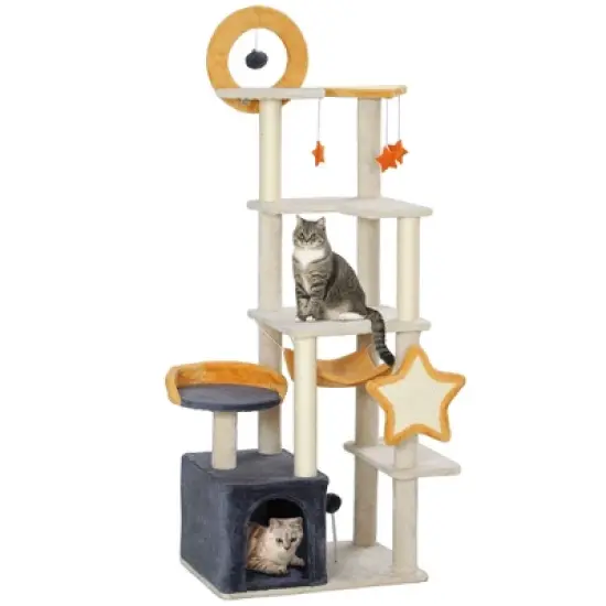 PawHut Cat Tree, 63 Inch Moon and Star Themed Cat Tower with Scratching Post, Hammock, Condo, Bed, Scratching Board & Cat Toys, Beige image {6}