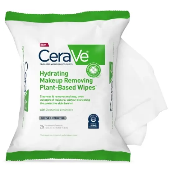 CeraVe Hydrating Makeup Remover Wipes, Plant Based Facial Cleansing Wipes for Sensitive Skin, Fragrance-Free - 25ct image {17}