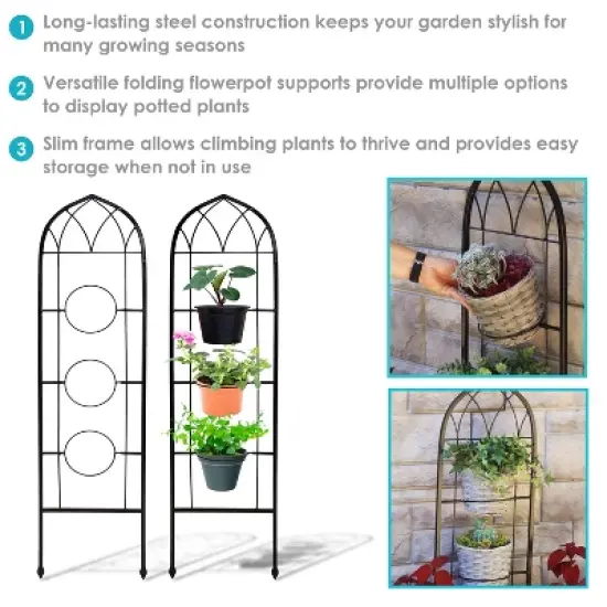 Sunnydaze Steel Wire Arched Climbing Plants Wall Trellis with Flowerpot Supports - 48" H - Black - 2-Pack image {1}