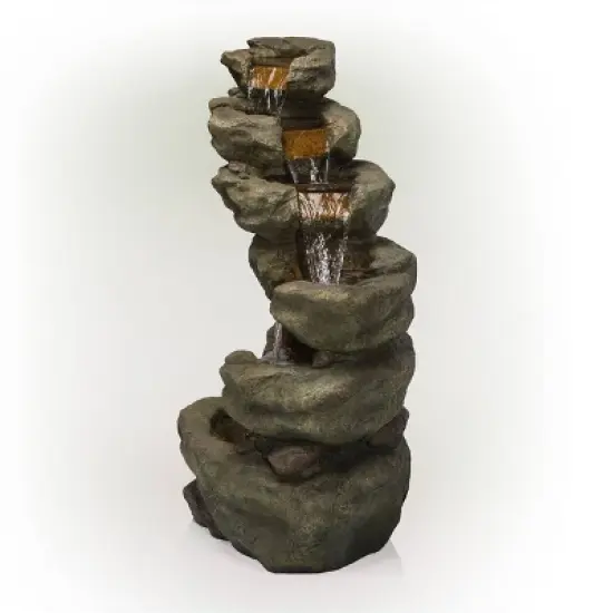 48" Resin Outdoor Multi-Tier Pristine Waterfall Fountain with LED Lights Dark Moss Green - Alpine Corporation image {3}