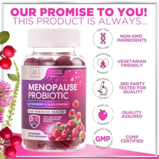 Menopause Supplements for Women Gummies with Black Cohosh, Cranberry 3 Billion CFU Probiotics - 60 Gummies By Hello Lovely! image {2}