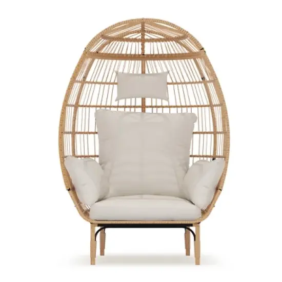 Wicker Egg Chair Outdoor, Oversized Egg-Shaped Chair w/Metal Frame Stand, 500 Lbs Capacity Oversized attan Egg Lounge Chairs for Patio, Living Room image {6}