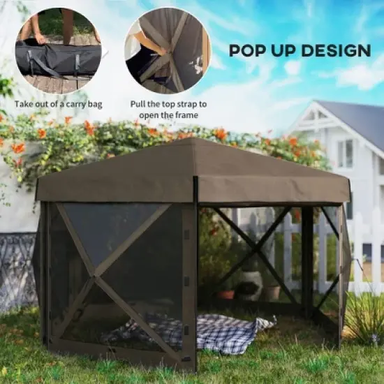 Resenkos Patio Garden Pergola, Pergola Canopy,12' x 12' Hexagonal Pop Up Gazebo Canopy Tent with 5 Sidewalls and Carry Bag, Brown image {5}