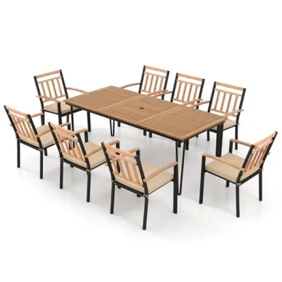 Tangkula 9 PCS Patio Dining Set w/ Rectangular Acacia Wood Dining Table 8 Cushioned Chairs image {8}