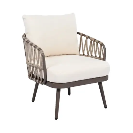 4-Piece Outdoor Patio Conversation Set Metal Frame Chairs with Woven Rope Backrest, Thick Cushions & Acacia Wood Coffee Table - ModernLuxe image {5}