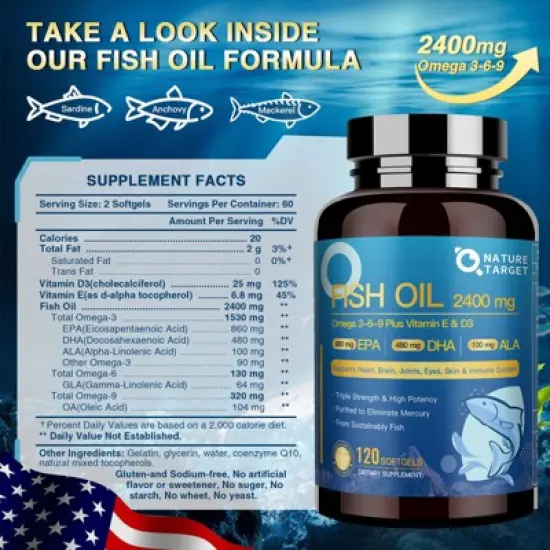 NATURE TARGET Fish Oil 2000mg Omega 3 with Vitamin D3 & E & A - EPA & DHA - 120 Softgels image {6}