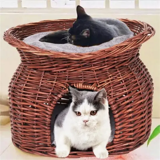 2 Tiers Handwoven Rattan Elevated Cat Bed Raised Wicker Pet Basket Indoor with 2x Soft Cushion image {4}