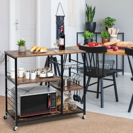 Costway Rolling Industrial Kitchen Baker's Rack Wood Black image {1}
