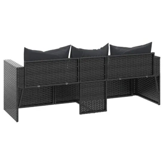 vidaXL 3-Seater Patio Sofa with Cushions Black Poly Rattan image {5}