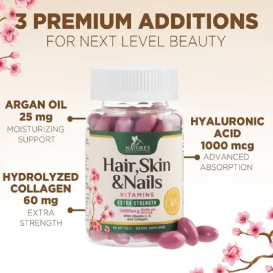 Hair Vitamins Women 5000mcg - Biotin, Collagen & PABA, Womens Hair Growth, Skin, Nails & Keratin Support - 60 Softgels By Nature's Nutrition image {4}