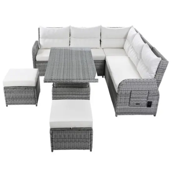 FIONECA Outdoor Patio Rattan Furniture Set, Recliners with Adjustable Table & Ottomans, Extendable Side Tables, Beige image {8}