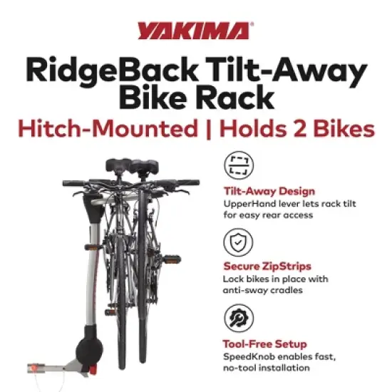 Yakima RidgeBack Tilt Away Hitch Bike Rack Carries Up to 2 Bikes, Fits 1.25 and 2 Inch Hitch Receiver for Cars, SUVs, and Trucks, Black image {2}