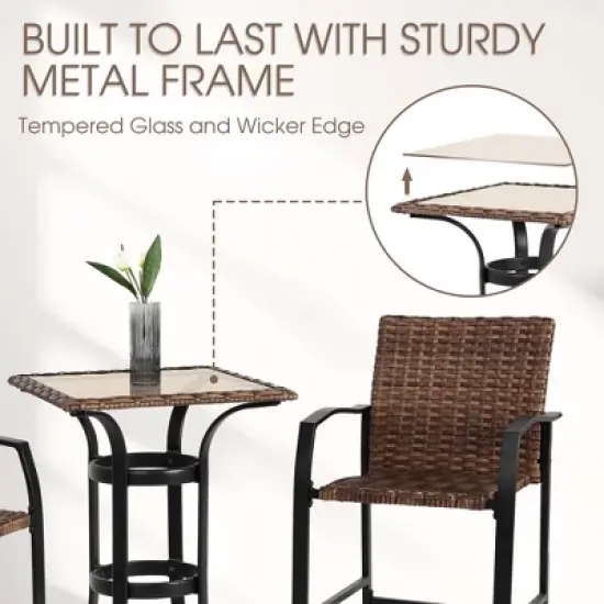 HOMEFUN 3 Pieces Outdoor Bar Stools Set,Rattan Bar Chairs,with glass table top, Wicker Bar Stools for Backyard,Brown image {2}
