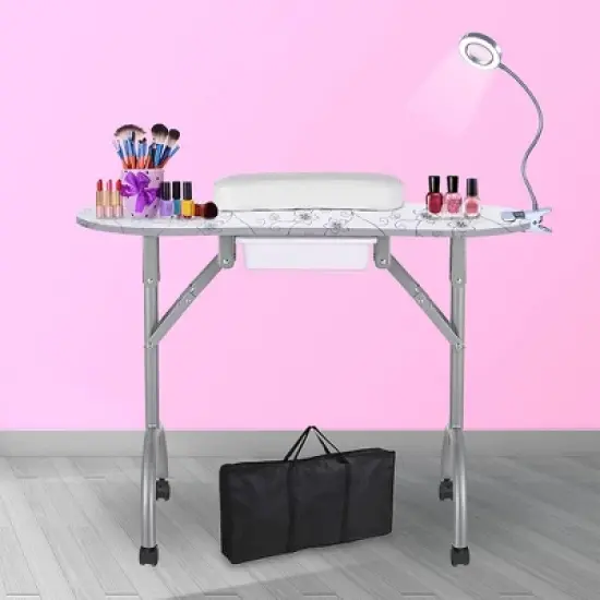 LEIBOU Professional 36 Inch Vented and Foldable Manicure Table with Magnifier Lamp, Dust Collector, Sponge, and Polish Carrying Bag, White Flower image {2}