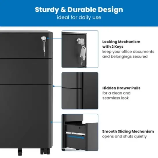 Mount-It! Mobile File Pedestal Cabinet with 3 Drawers & Lock | Slim Design Under Desk Storage & Organizer for Files, Folders & Office Supplies | Black image {6}