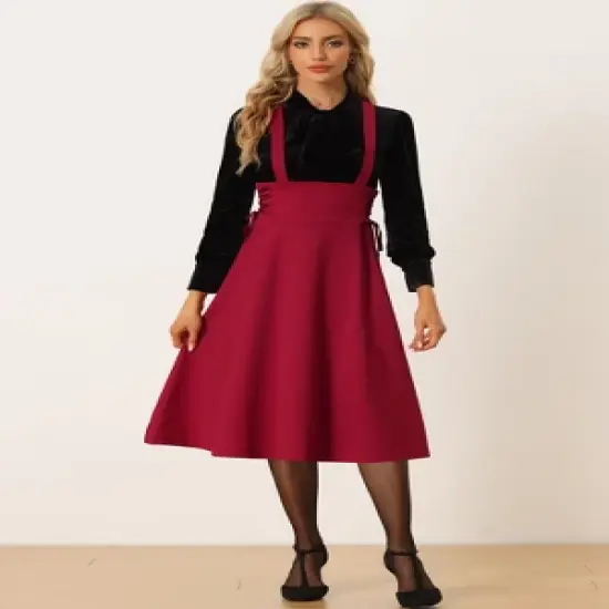 Allegra K Women's Brace High Waisted Lace Up Midi Suspender Skirt image {3}