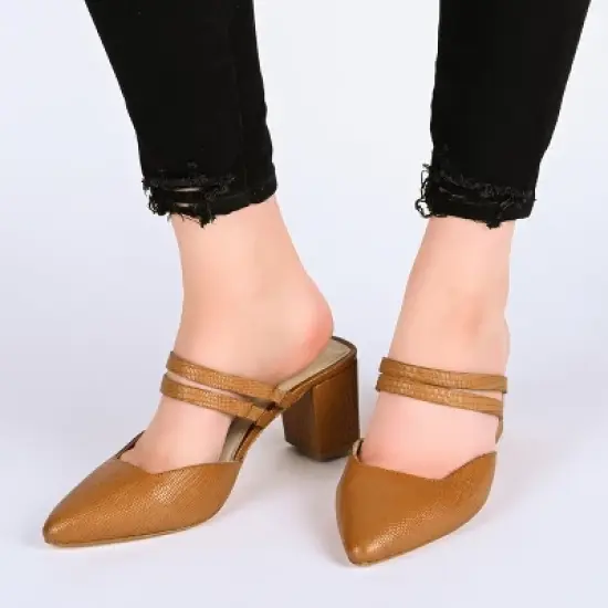 Journee Signature Womens Genuine Leather Kaitlynn Mules Low Block Heel Almond Toe Pumps image {7}