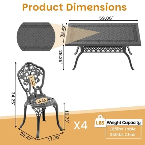 5-Piece Patio Set: Rectangle Table & 4 Chairs - Cast Aluminum, All-Weather & Adjustable Legs for Balcony/Backyard image {3}