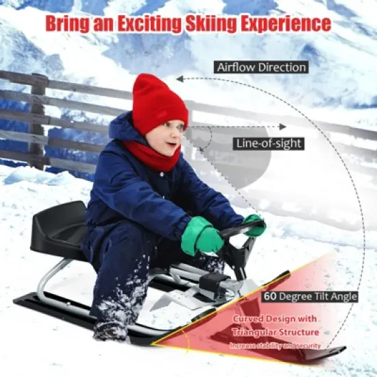Costway Kids Snow Racer Sled w/ Steering Wheel & Double Brakes Pull Rope Snow Slider image {4}