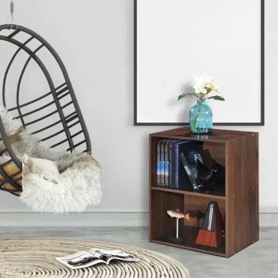 Costway 2PCS 2 Tier Open Shelf Night Stand End Table Sofa Side Storage Display Walnut image {3}