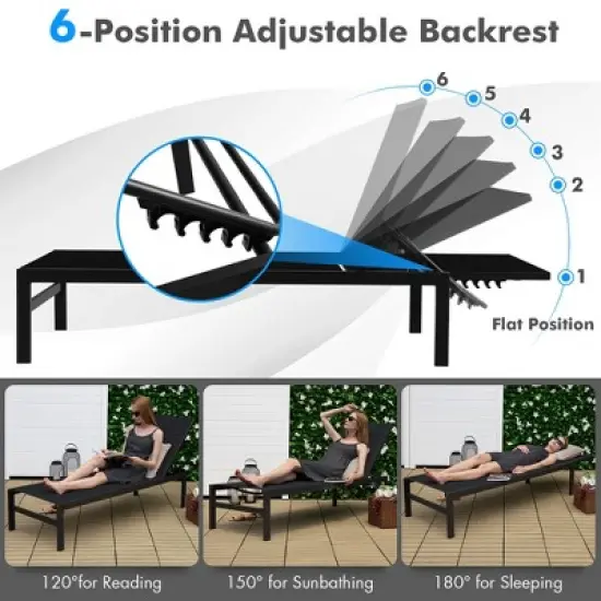Tangkula 2PCS Patio Chaise Lounge Adjustable Lounge Chair W/ 6-Position Backrest Black image {4}
