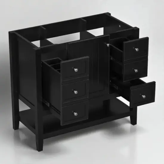 36" Freestanding Bathroom Vanity Base Only, Black Solid Wood & MDF Cabinet with 1 Door, 3 Drawers & Open Shelf, No Sink image {7}