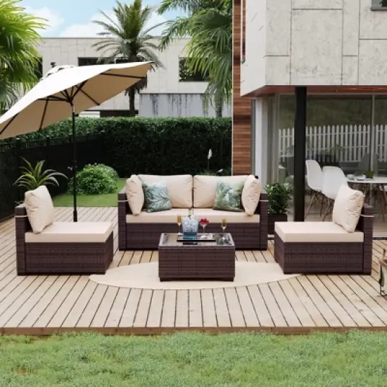 UPHA 5-Piece Rattan Patio Sofa Conversation Set with Cushions image {9}