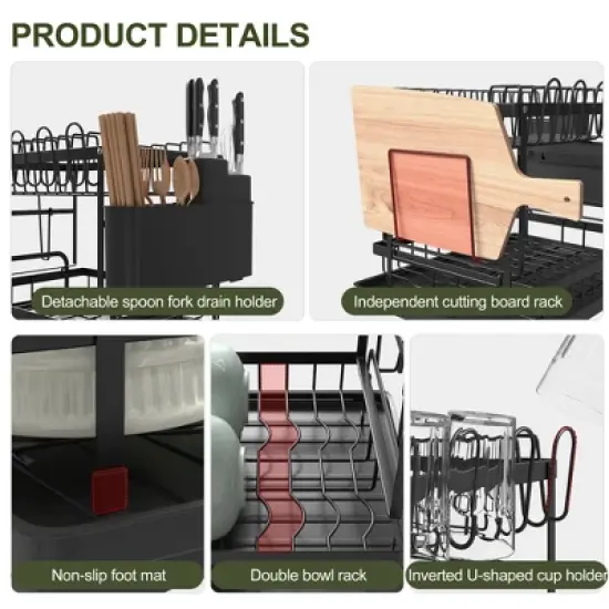 Fortune Candy 11.41'' Tall 2 Tier Dish Drying Rack, Large apacity, Black image {2}