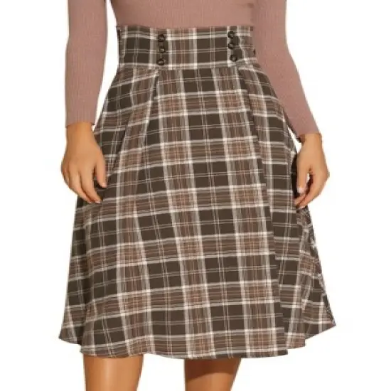 Allegra K Women's Plaid High Elastic Waist Vintage Fall A-Line Midi Skirt image {5}