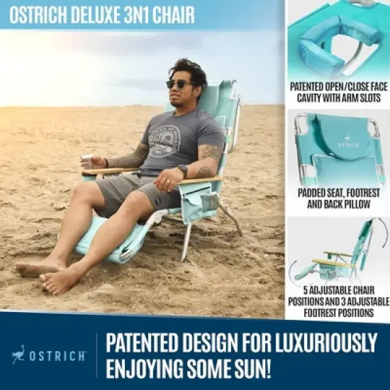Ostrich Deluxe 3N1 Lightweight Lawn Beach Reclining Lounge Chair with Footrest, Outdoor Furniture for Patio, Balcony, Backyard, or Porch, Aqua image {5}